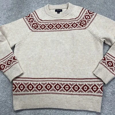 J Crew Sweater Mens XL 100% Lambswool Nordic Knit Beige Red Geometric Pullover - Image 1 of 4