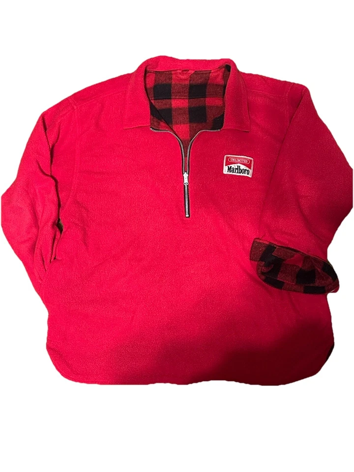 Vintage Marlboro Buffalo Plaid Reversible 1/4 Zip Fleece Pullover Jacket Sz XXL - Image 1 of 4