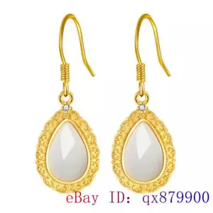 Jade Water droplet Earrings 925 Silver White Jewelry Talismans Natural Women - Imagen 1 de 5