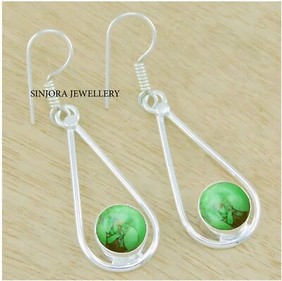 Green Copper Turquoise Gemstone 925 sterling silver handmade gift  Earrings - Image 1 of 4