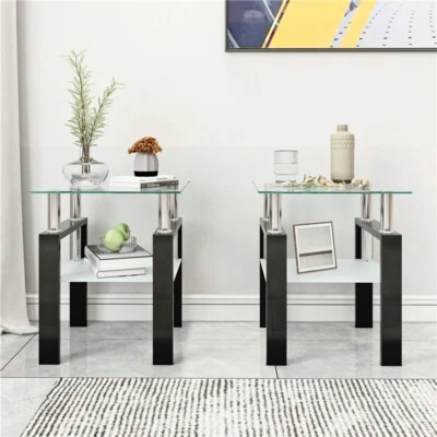 Modern Set of 2 Tempered Glass 2 Layer Tea Table Coffee Table & Square End Table - Image 1 of 4