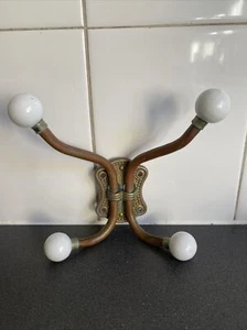 Vintage Set Of Ornate Brass Four Hooks With Ceramic Knobs Towel Hangers 6" 15cm - Picture 1 of 7