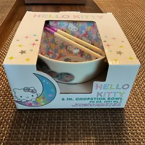 Hello Kitty Ceramic White Bows & Stars Ramen 6" Bowl 20 Oz With Chopsticks - Picture 1 of 2