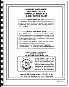 Sears Craftsman Table Saw Manual Model # 113.29992 - Picture 1 of 1