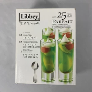 New Libbey Just Desserts Parfait Glass Dishes Spoons 25 Pieces Recipe Card NIB - Picture 1 of 6