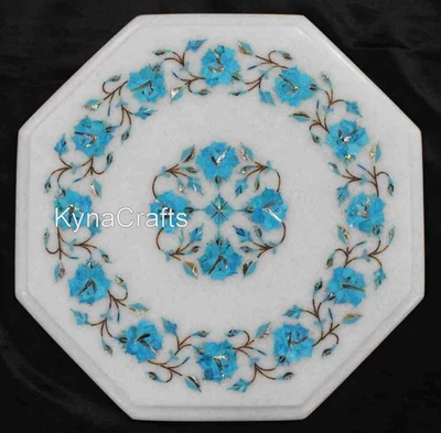 Turquiose Inlay Table Top White Marble Coffee Table Handcrafted Garden Table - Image 1 of 4