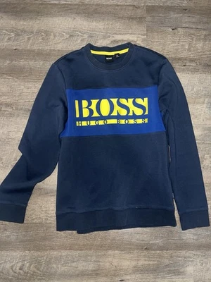 Sudadera para hombre Hugo Boss azul marino amarillo logotipo cuello redondo pulóver talla pequeña Foto 1 de 4