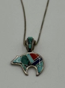 Touch Of Santa Fe, NM. TSF Navajo Assorted Stone Inlay Sterling Bear Pendant - Picture 1 of 8