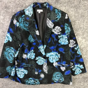 Susan Graver Blazer Womens 1X Black Blue Floral has Pockets Single Button Jacket - Picture 1 of 13