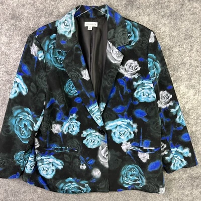 Susan Graver Blazer Womens 1X Black Blue Floral has Pockets Single Button Jacket - Image 1 of 4