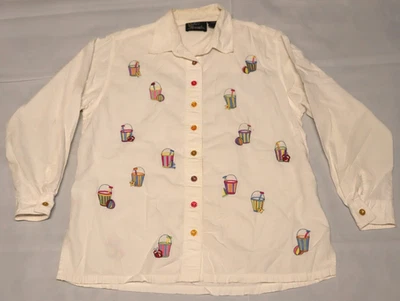 Camisa bordada multicolorida vintage anos 1980 Silver Threads feminina botões G - Imagem 1 de 4