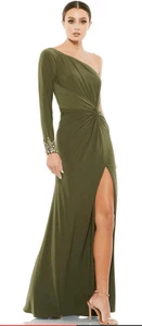 Mac Duggal Ieena 55696 Olive Green Gone Dress One Shouldar Sz 16 Beaded Cuff New - Picture 1 of 8