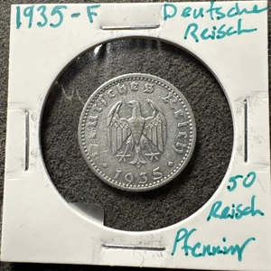1935-F Deutschland 50 Reichspfennig Münze WWII Ära Zink Nazi Adler. Münzzeichen "F" - Bild 1 von 5