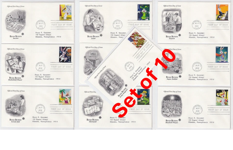 TurtlesTradingPost- Bugs Bunny 2020 FDC #5494-5503 Artcraft Variety- 10 Covers - Image 1 of 4