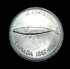 SILVER COMMEMORATIVE 10 CENTS 1967 COIN OF CANADA QUEEN ELIZABETH & FISH MINT Ag - Picture 1 of 2