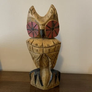 Vintage Mid Century Mexican Handcrafted Wooded Owl w/ Wide Red Eyes - Picture 1 of 9