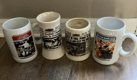 4 NFL NEW YORK GIANTS BEER MUGS NEWSDAY & THE SUN SUPER BOWL NEWSPAPER ADS LOT! Cover