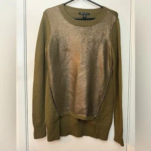 Kenneth Cole Olive Green Bronze Metallic Merino Wool Blend Knit Chain Sweater S - Picture 1 of 13