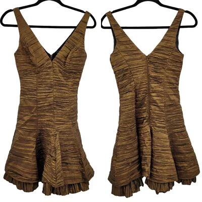 Vintage Jessica McClintock Dress 4 Metallic Bronze Tiered Skater Cocktail Artsy - Image 1 of 4