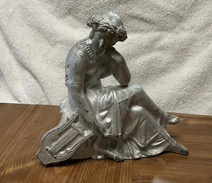 Antik Metall Spelter Ansonia Mantel Uhr Topper Statue Dame Harfe Leier Türstop - Bild 1 von 5