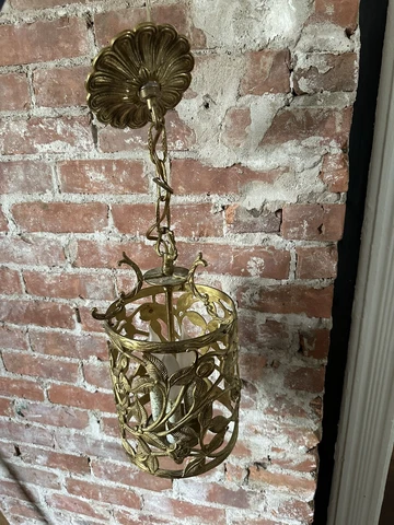 Vintage Cast Brass Art Deco Style Pendant Fixture With Leaves Flowers Roses Cover
