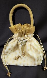 Beige with golden polka dots, Cotton mix drawstring wrist purse with hard handle