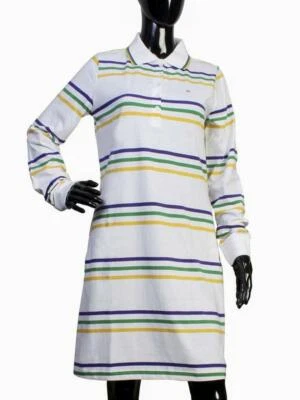 Womens Large White Mardi Gras 2 Pocket Dress Purple Green Gold Stripe - Image 1 of 2