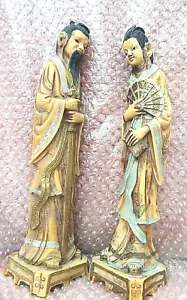 vintage pair of asian oriental couple, detailed carved resin sculptures, statue - Picture 1 of 10