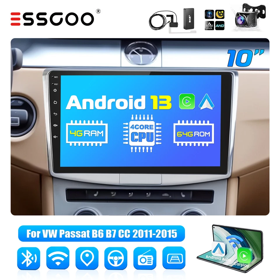 10" Android 13 DAB+ Carplay Autoradio 4+64G Für VW Passat B7 CC 10-15 GPS Cam - Bild 1 von 4