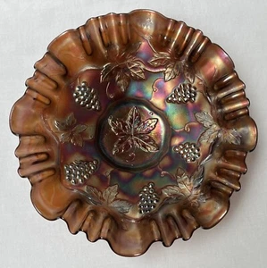 Antique FENTON Carnival Glass THISTLE Ruffled Rim Bowl Grapes Vines 8.5" x 2.75" - Picture 1 of 8