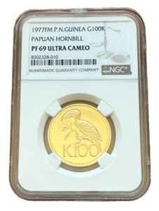 Papua New Guinea 1977 FM Gold 100 Kina NGC PF69UC Papuan Hornbill - Picture 1 of 2