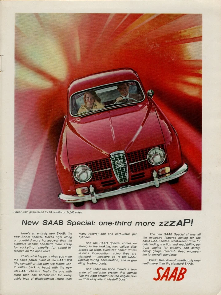 1966 SAAB Special Power Guaranteed Red Couple More Zzzap Car Vintage Print Ad - Image 1 of 1