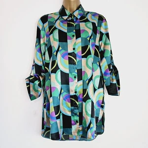 NUEVO Ex Wallis 10-22 Círculo Estampado Abstracto Verde Negro Botones Blusa Camisa Prenda para el torso - Imagen 1 de 6