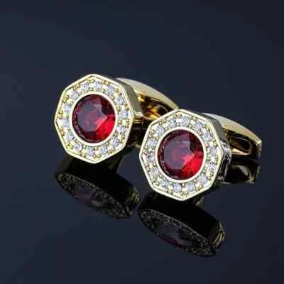 Gemelos redondos de diamantes granate creados en laboratorio de 2 quilates para hombre enchapados en oro amarillo de 14 quilates Foto 1 de 3