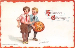 c.1910 sgd. Brundage Two Boys with Jack O'Lantern Halloween Greetings post card - Picture 1 of 2