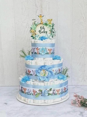 Pañal safari de 3 niveles pastel baby shower niño Foto 1 de 2