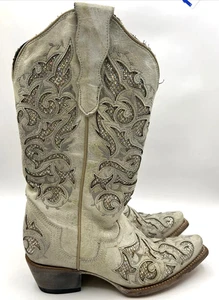 J.B. Dillon Womens 6B Ivory Silver Inlay Leather Western Cowgirl Boots Mexico - Picture 1 of 12