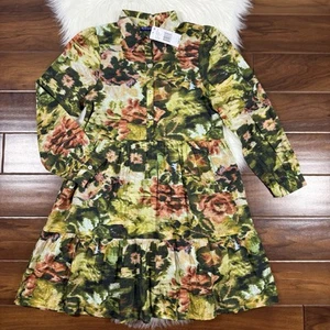 Ro’s Garden Women's Size XS Green Floral Romy Tiered Dress Long Sleeve Button - Picture 1 of 11