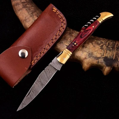 HIDES & HAMMER Handmade Damascus Pocket Knife with Brass Bolster &Steel Corkscrew