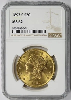 Oro Liberty Head Double Eagle 1897-S $20 como nuevo 62 NGC Foto 1 de 4