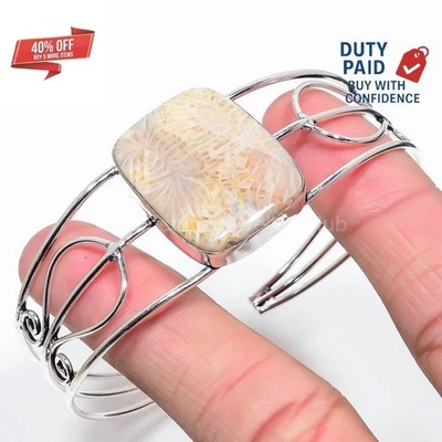 Oferta de Navidad Natural Fósil Coral Madre Compromiso Cumpleaños Brazalete Plata 925 Foto 1 de 4