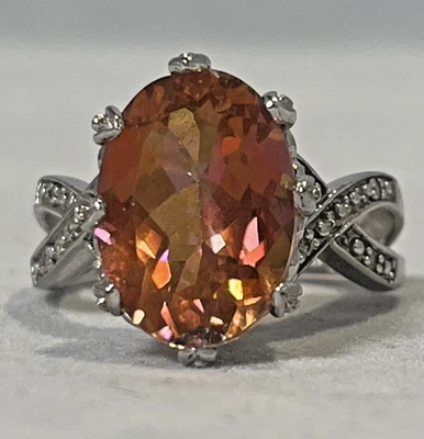 925 Silver Oval Cut Sunset Topaz Solitaire Ring - Size 5 3/4 w dia acc - Image 1 of 4