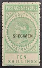 1886- South Australia 10/- Green Long Postage &revenue stamp P11-5-12.5 Specimen