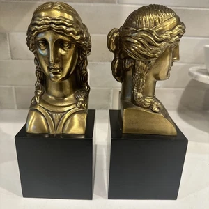 Pair Of Bronze Bust Head On Black Metal Stands, Use As Art Or As Bookends. RARE - Picture 1 of 15