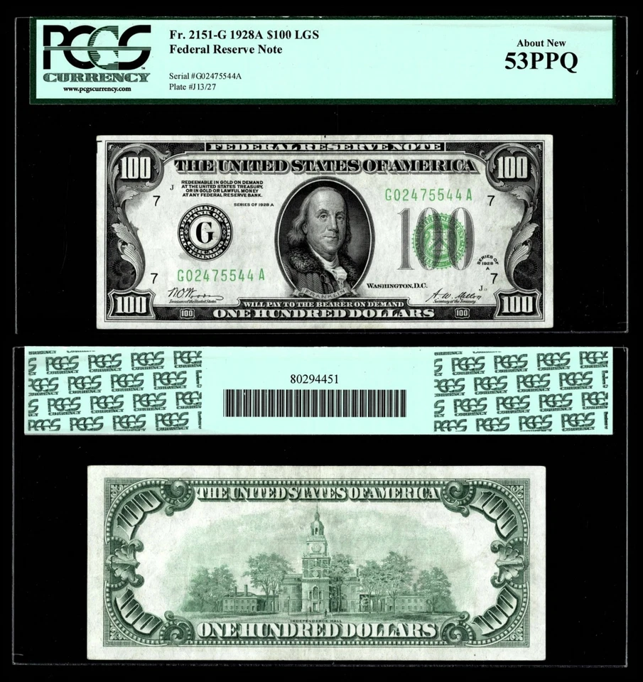 Fr. 2151-G $100 1928A Light Green Seal Federal Reserve Note.PCGS About New 53PPQ - Image 1 of 1