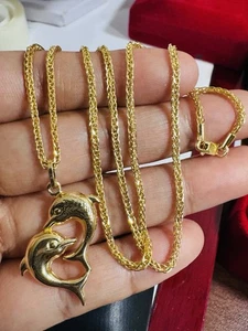 18K 750 Fine Real Pure Gold Twin Dolphin Set Necklace 15.8”/16” Long 2.2mm 5.5g - Picture 1 of 22