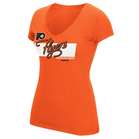 NHL Philadelphia Flyers Women's Face-Off Script Short Sleeve Slub V-Neck Tee Cover