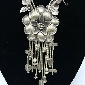 Balinese Flower & Dragonfly Sterling Silver Necklace Multi-Strand Tassel Heavy - Picture 1 of 9
