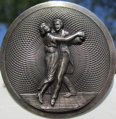 Vintage Antique French "COUPLE BALLROOM DANCING" Swirly Bkgrd White Metal Button Cover