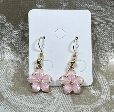 Vintage Pink Sakura Floral Gold Dangle Fashion Bohemian Casual Fun Earrings - Image 1 of 2